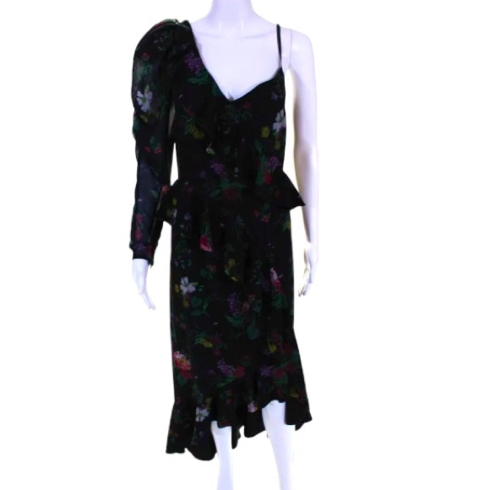 AMUR Pasqualena Midi Dress Size 10 Black Floral Ruffle Puff Sleeve One Shoulder - Picture 1 of 12